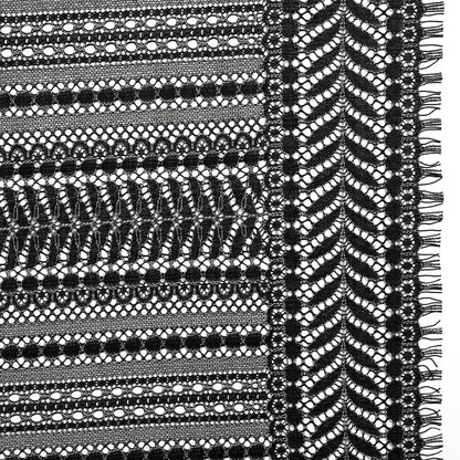 Luminous Corded Lace Panel with Finished Fringed Edges - Black and White Dot and Leaf Stripes