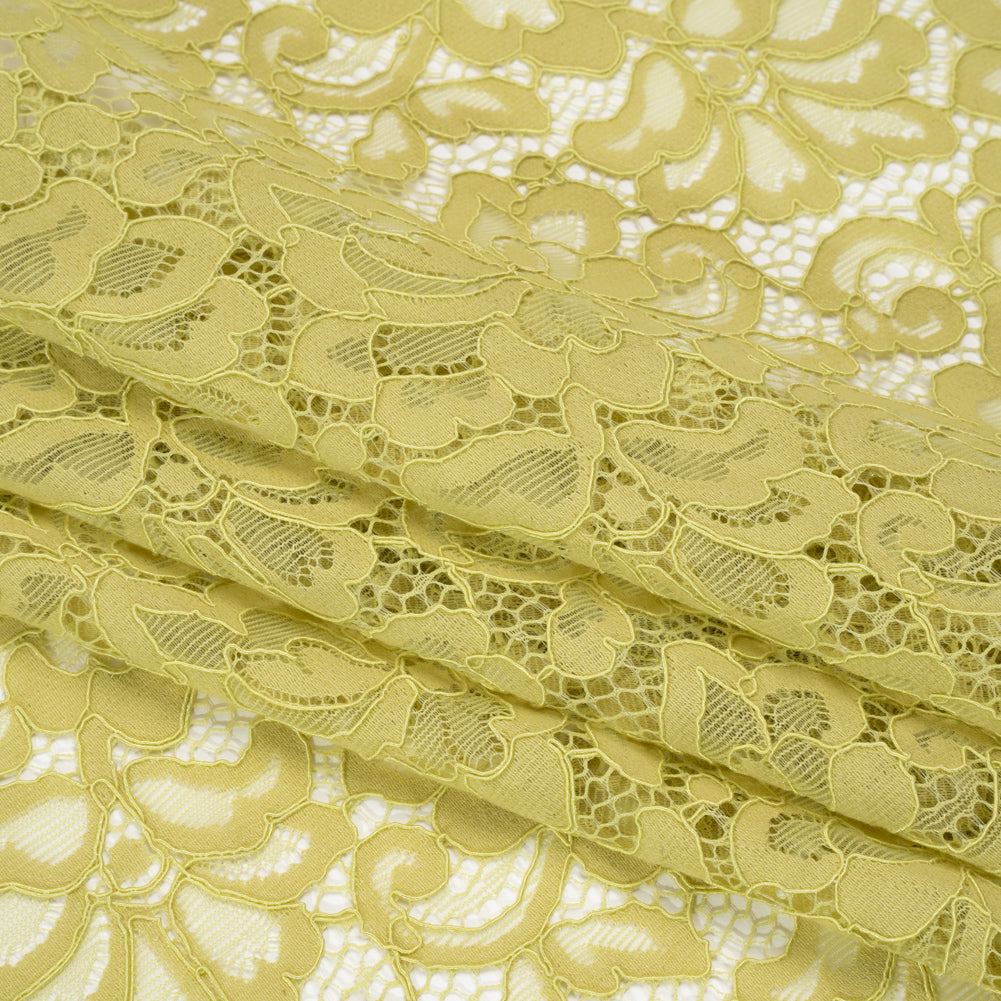 Corded Lace Panel with Petal Scalloped And Fringed Edges - Chartreuse Green Floral - Folded
