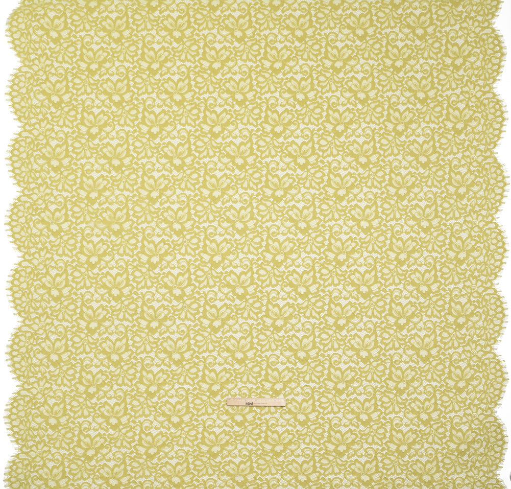 Corded Lace Panel with Petal Scalloped And Fringed Edges - Chartreuse Green Floral - Full