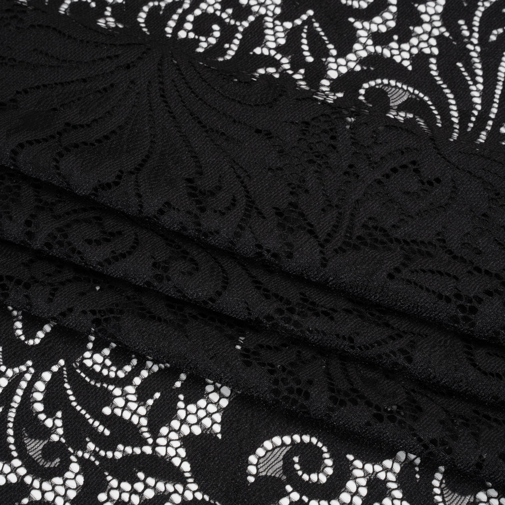 Raschel Lace Panel with Scalloped Finished Edges - Black Ornamental Floral - Folded