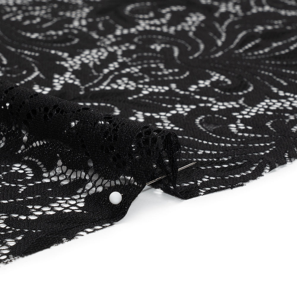 Raschel Lace Panel with Scalloped Finished Edges - Black Ornamental Floral - Detail