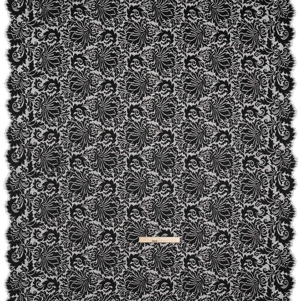 Raschel Lace Panel with Scalloped Finished Edges - Black Ornamental Floral - Full