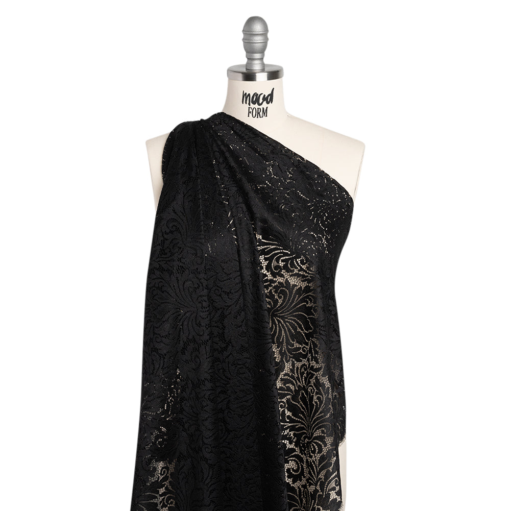 Raschel Lace Panel with Scalloped Finished Edges - Black Ornamental Floral - Drape