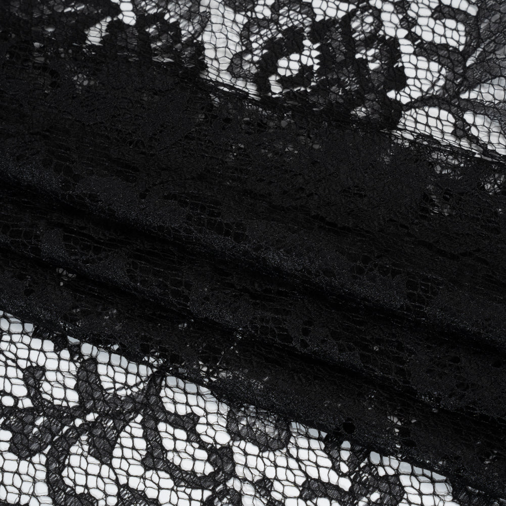 Raschel Lace with Finished Edges - Black Flowers and Leaves - Folded