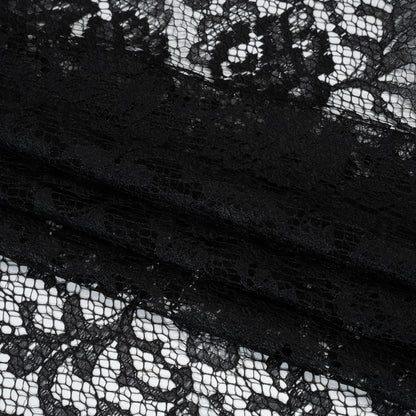 Raschel Lace with Finished Edges - Black Flowers and Leaves