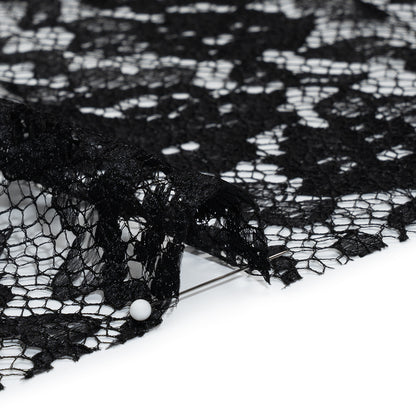Raschel Lace with Finished Edges - Black Flowers and Leaves
