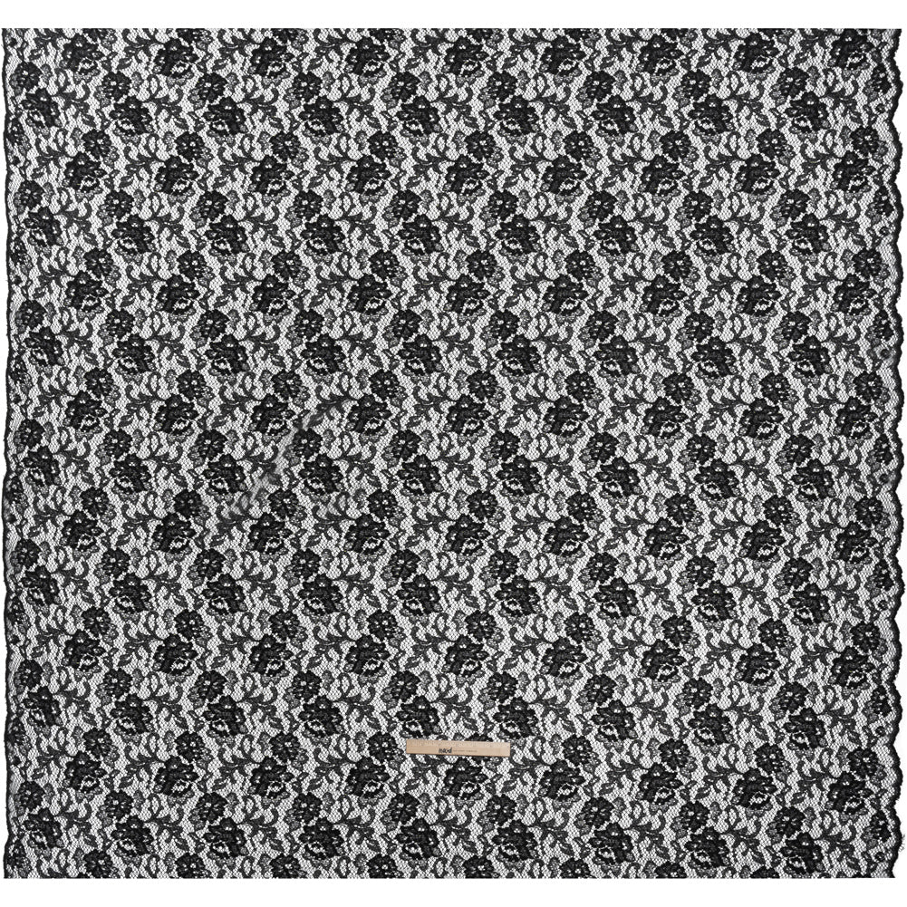 Raschel Lace with Finished Edges - Black Flowers and Leaves - Full
