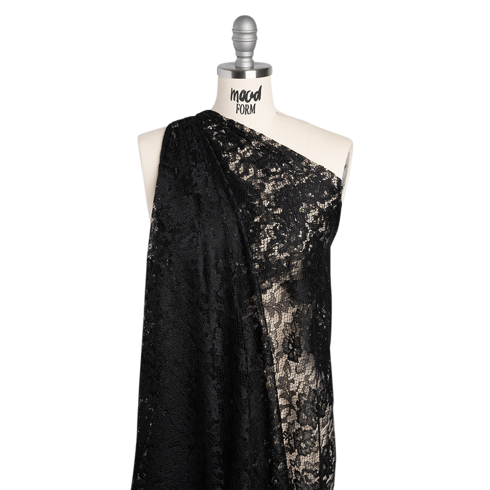 Raschel Lace with Finished Edges - Black Flowers and Leaves - Drape