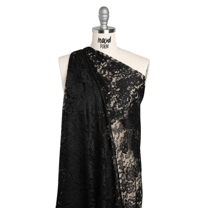 Raschel Lace with Finished Edges - Black Flowers and Leaves
