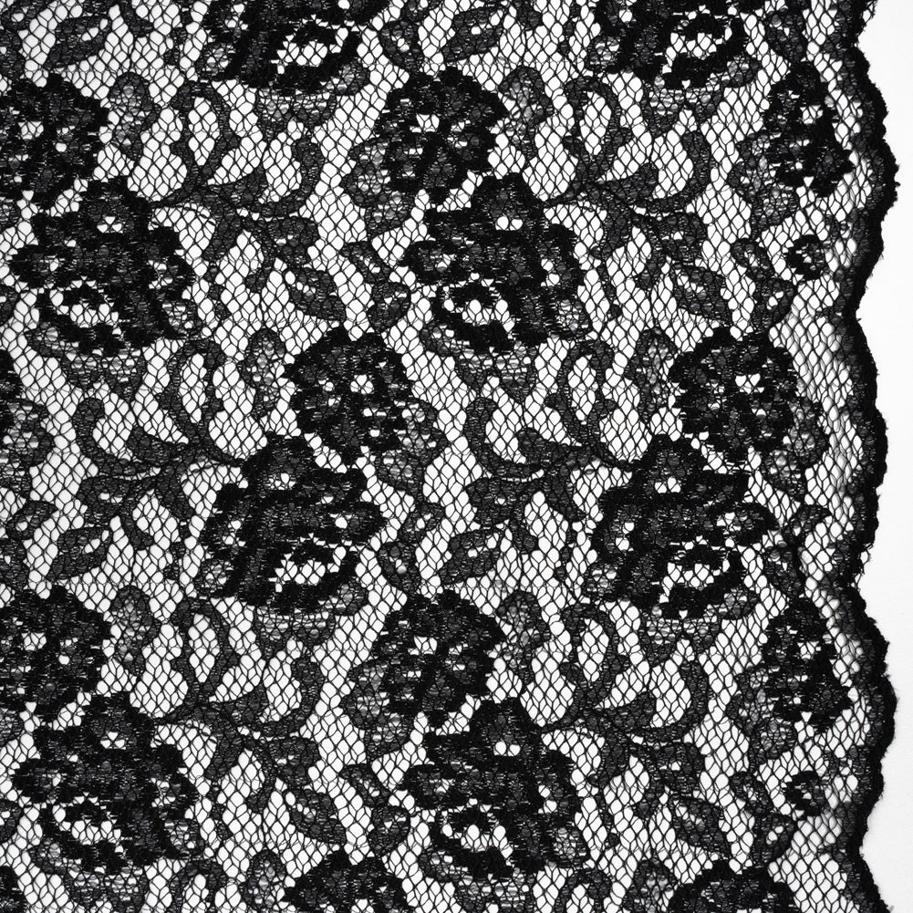 Raschel Lace with Finished Edges - Black Flowers and Leaves