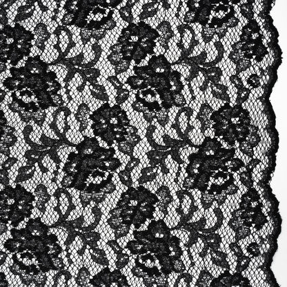 Raschel Lace with Finished Edges - Black Flowers and Leaves