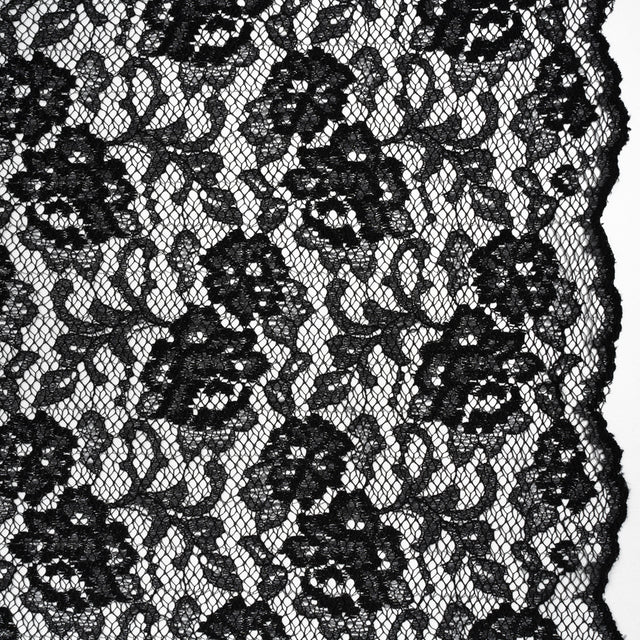 Raschel Lace with Finished Edges - Black Flowers and Leaves
