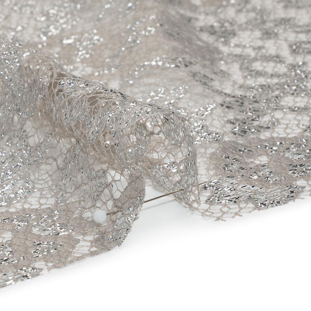 Metallic Raschel Lace with Finished Edges - Sandstone Gray and Silver Flowers and Leaves - Detail