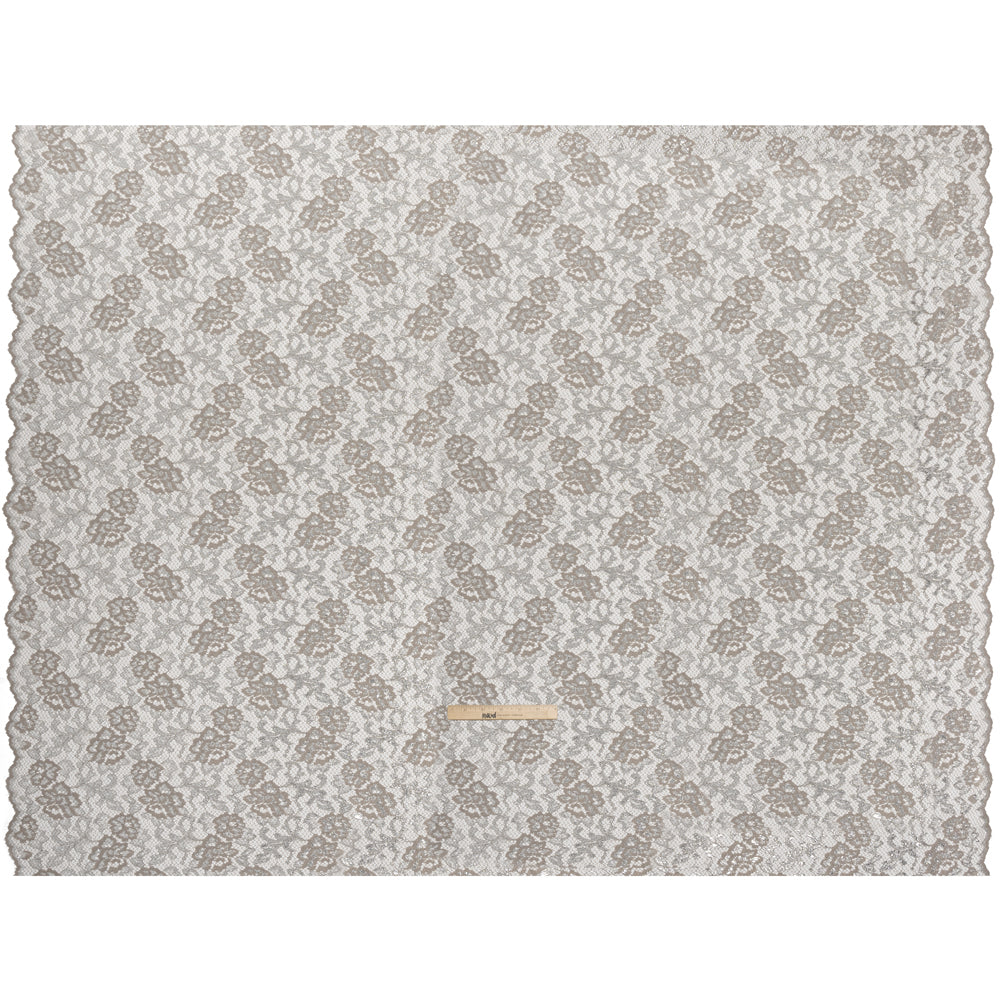 Metallic Raschel Lace with Finished Edges - Sandstone Gray and Silver Flowers and Leaves - Full