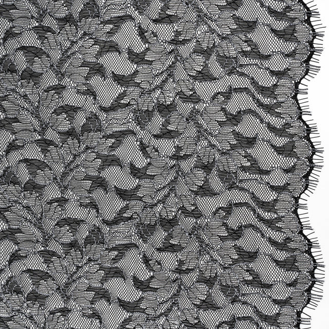Corded Raschel Lace Panel with Finished Edges - Black and White Outlined Leaves