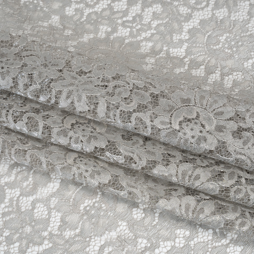 Luminous Delicate Raschel Lace Panel with Finished Edges - Sandstone Gray and Silver Blooming Flowers and Leaves - Folded