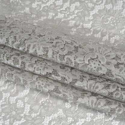Luminous Delicate Raschel Lace Panel with Finished Edges - Sandstone Gray and Silver Blooming Flowers and Leaves