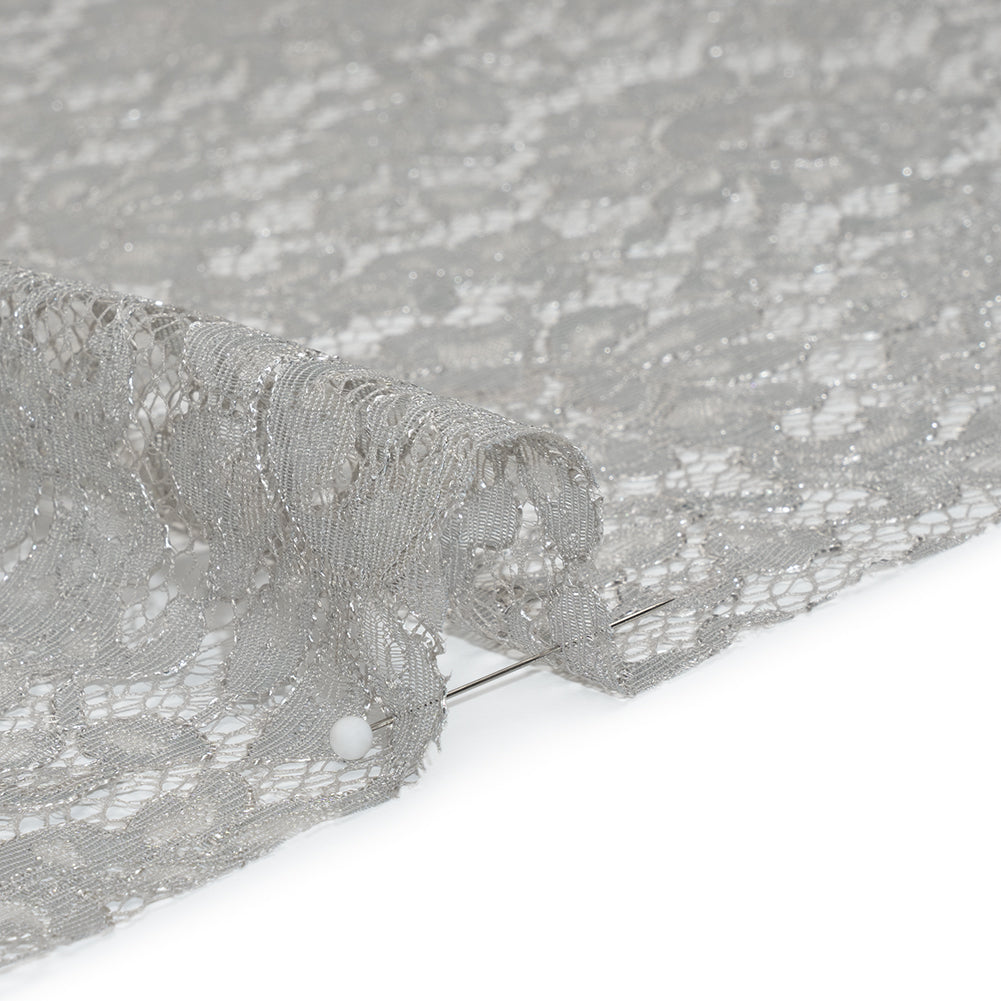 Luminous Delicate Raschel Lace Panel with Finished Edges - Sandstone Gray and Silver Blooming Flowers and Leaves - Detail