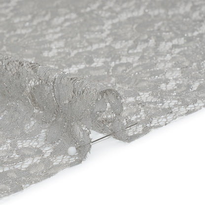 Luminous Delicate Raschel Lace Panel with Finished Edges - Sandstone Gray and Silver Blooming Flowers and Leaves
