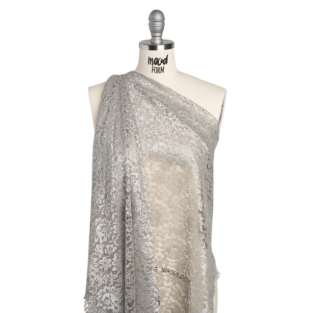 Luminous Delicate Raschel Lace Panel with Finished Edges - Sandstone Gray and Silver Blooming Flowers and Leaves - Drape