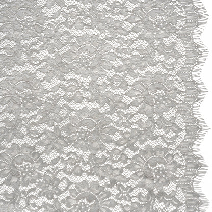 Luminous Delicate Raschel Lace Panel with Finished Edges - Sandstone Gray and Silver Blooming Flowers and Leaves