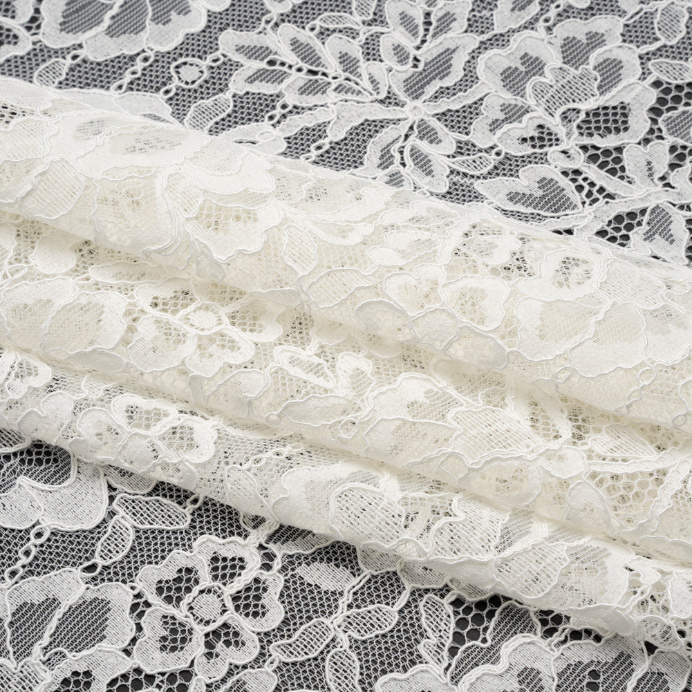 Corded Raschel Lace Panel with Finished Edges - Off White Classic Florals - Folded