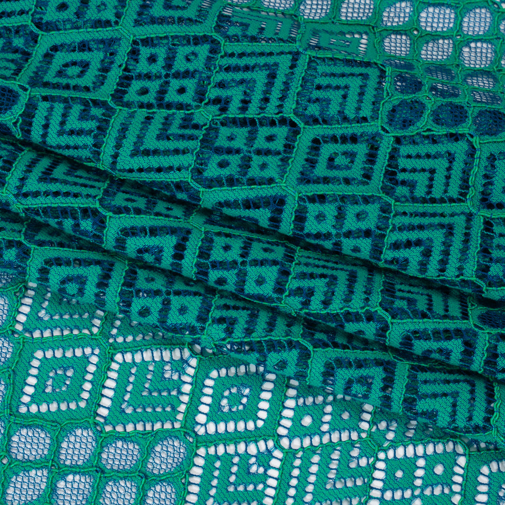 Corded Lace with Finished Edges - Blue and Teal Decorated Diamond Stripes - Folded