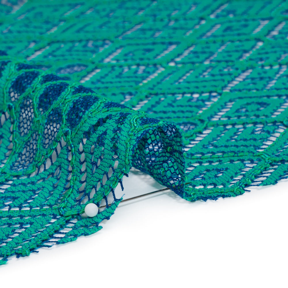 Corded Lace with Finished Edges - Blue and Teal Decorated Diamond Stripes - Detail