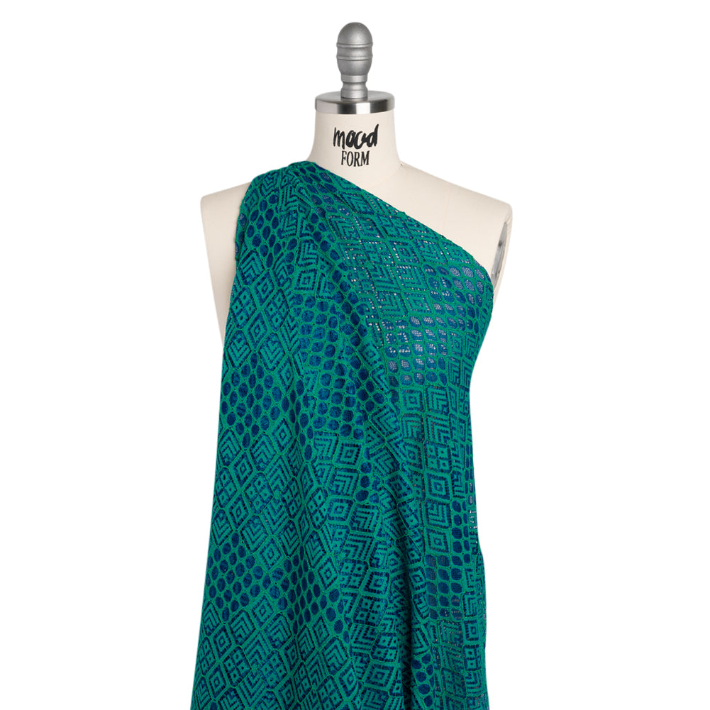 Corded Lace with Finished Edges - Blue and Teal Decorated Diamond Stripes - Drape
