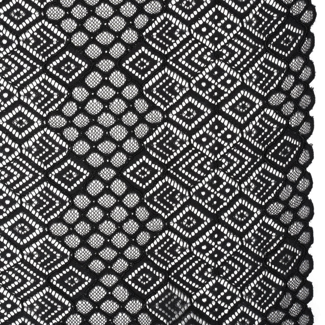 Corded Lace with Finished Edges - Black Decorated Diamond Stripes