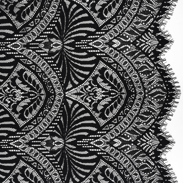 Luminous Raschel Lace Panel with Finished Edges - Black Fancy Floral Scallops