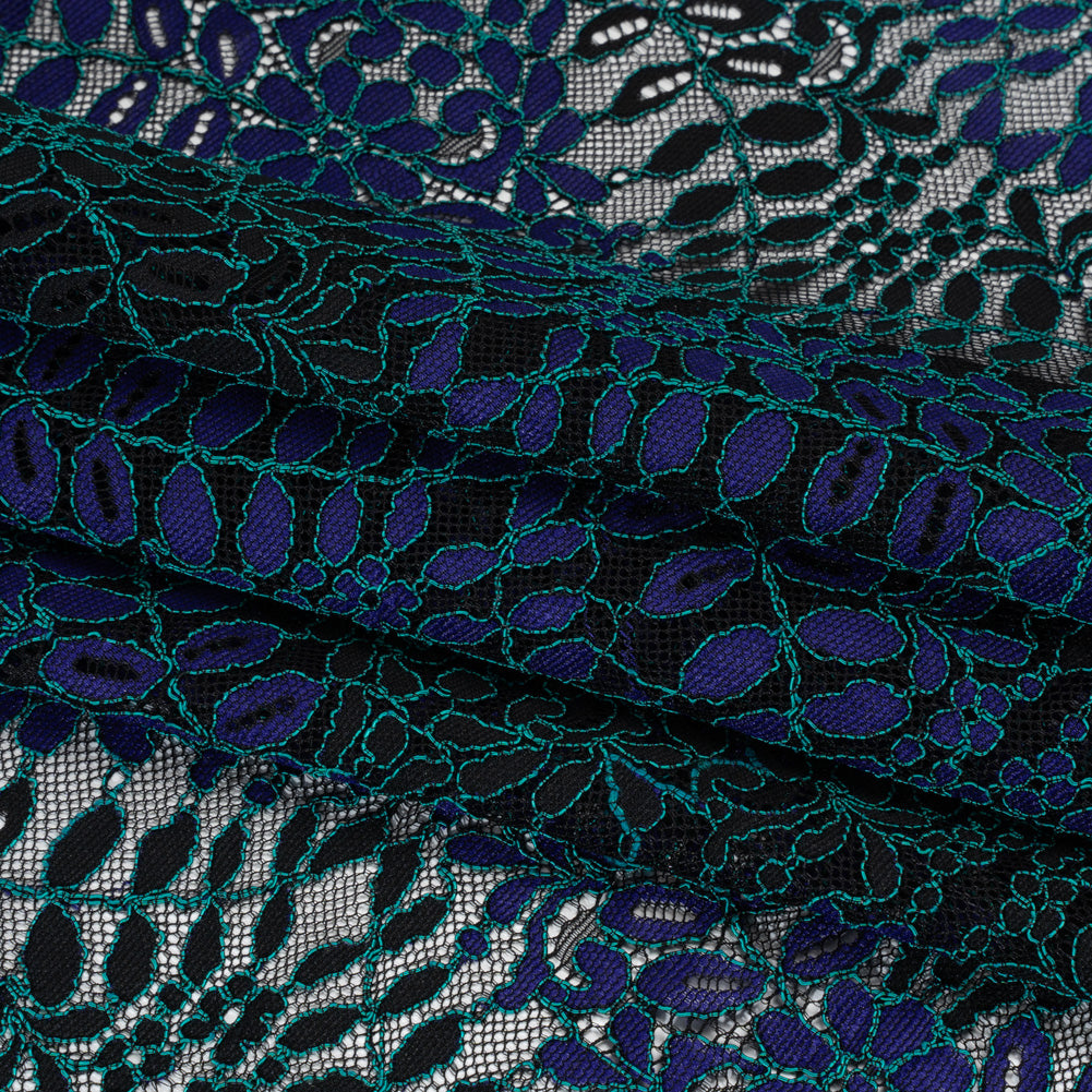Corded Lace Panel with Finished Edges - Black, Blue and Teal Flowers and Leafy Vines - Folded