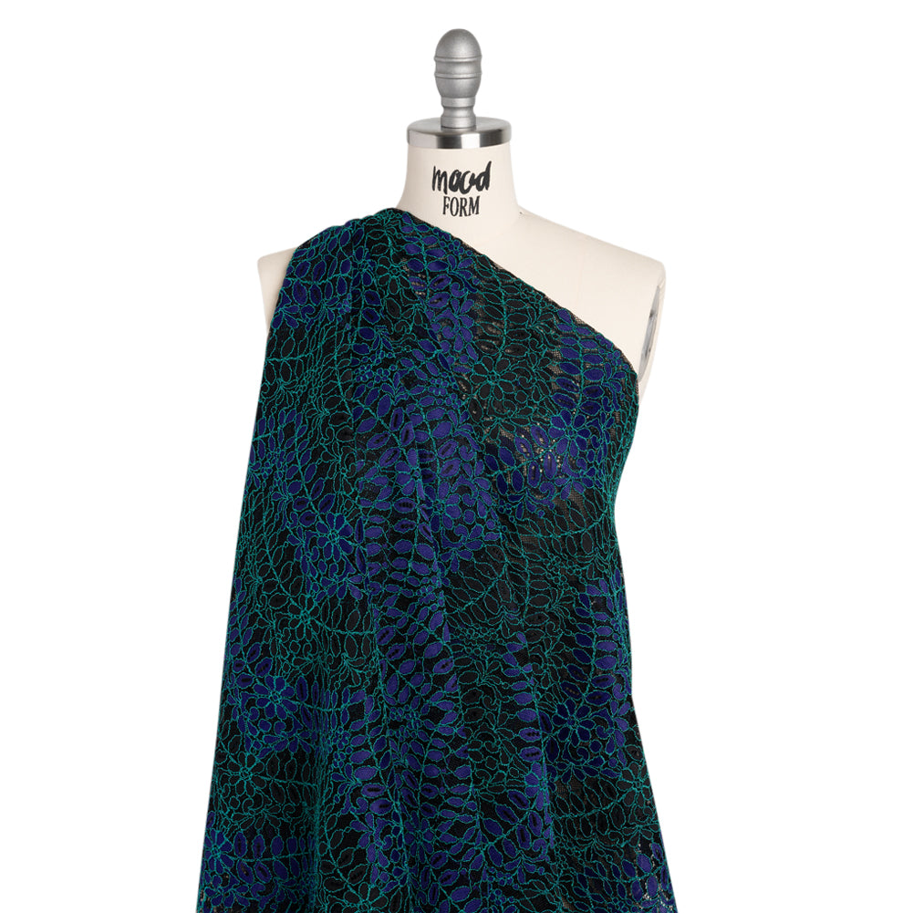 Corded Lace Panel with Finished Edges - Black, Blue and Teal Flowers and Leafy Vines - Drape