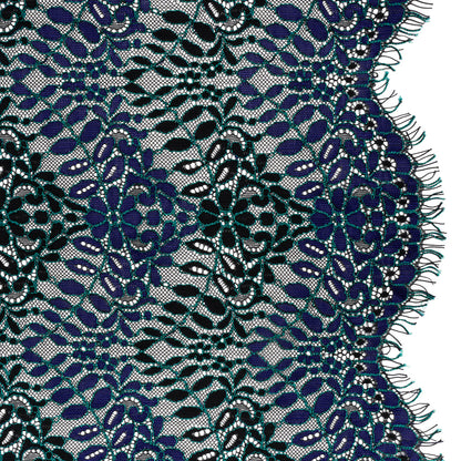 Corded Lace Panel with Finished Edges - Black, Blue and Teal Flowers and Leafy Vines