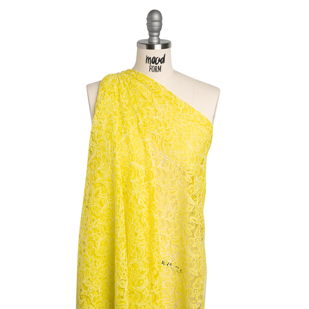 Corded Lace with Scalloped Finished Edges - Yellow and Ivory Leafy Vines and Flowers - Drape