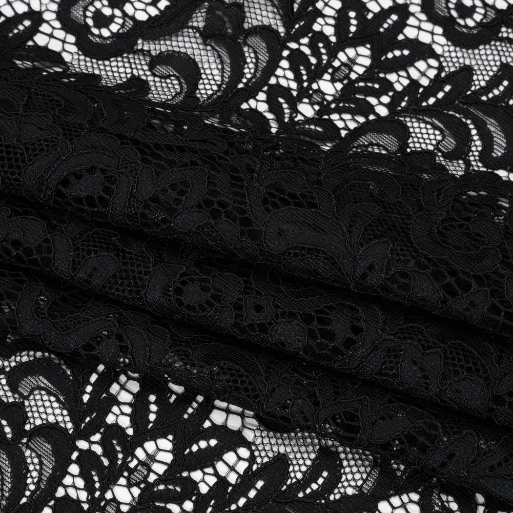 Corded Lace with Scalloped Finished Edges - Black Leafy Vines and Flowers - Folded