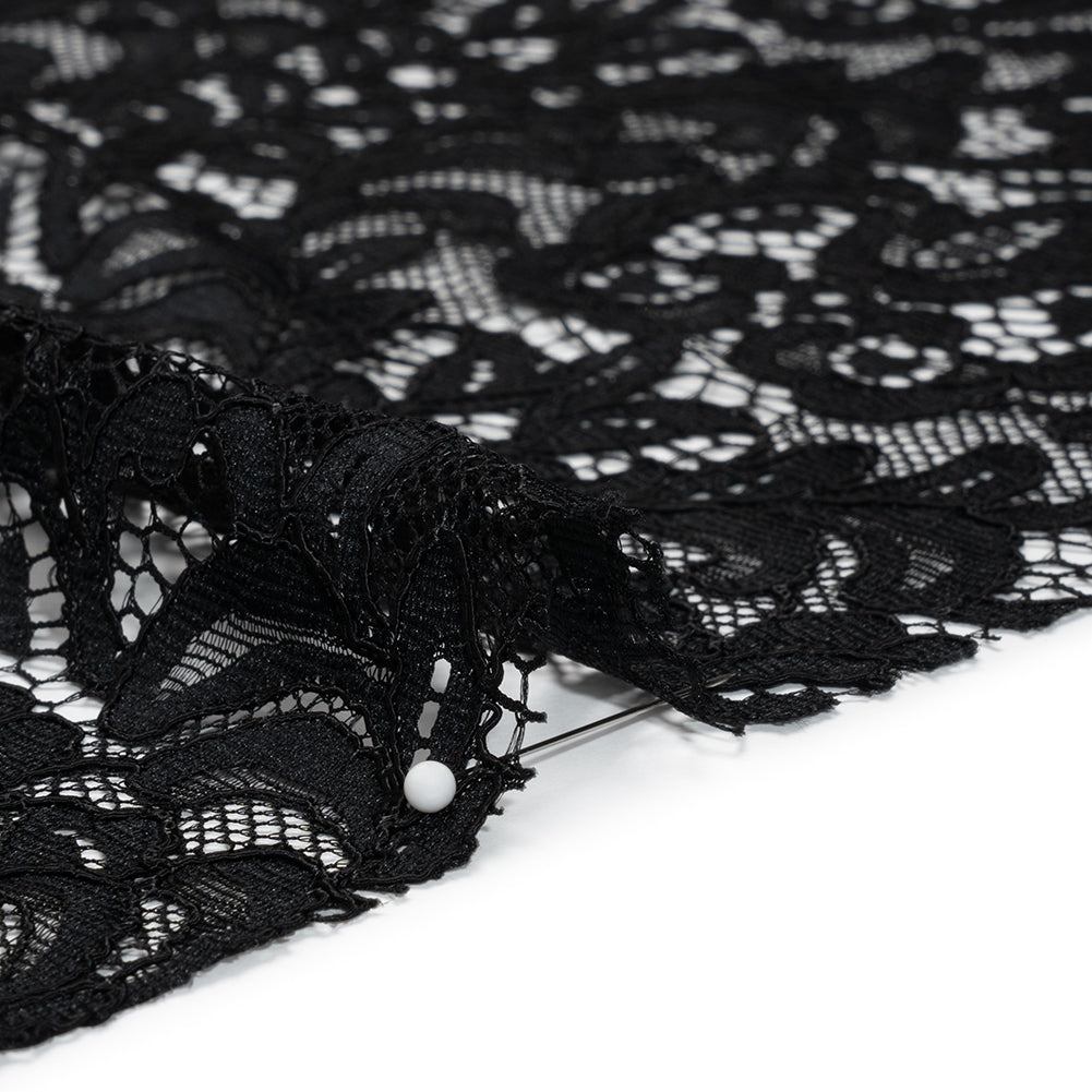 Corded Lace with Scalloped Finished Edges - Black Leafy Vines and Flowers - Detail