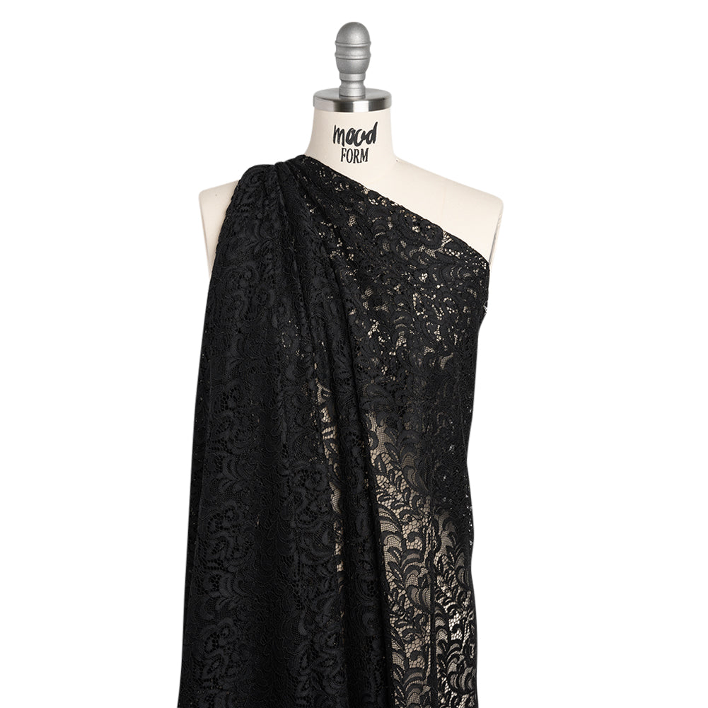 Corded Lace with Scalloped Finished Edges - Black Leafy Vines and Flowers - Drape