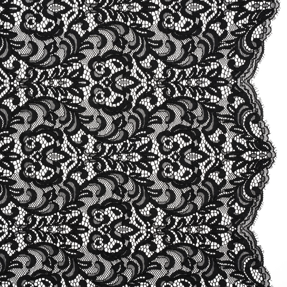 Corded Lace with Scalloped Finished Edges - Black Leafy Vines and Flowers