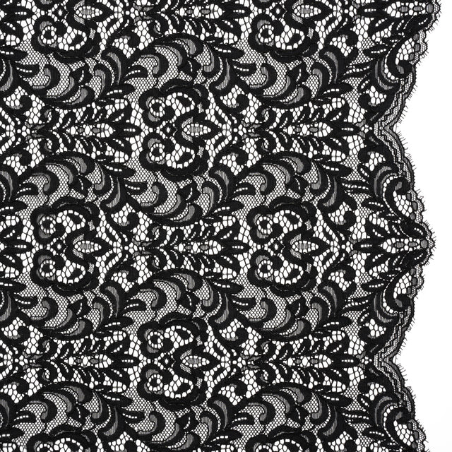 Corded Lace with Scalloped Finished Edges - Black Leafy Vines and Flowers