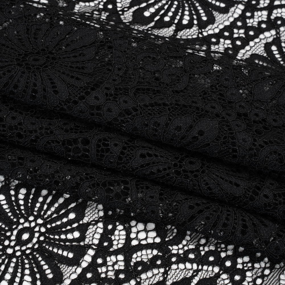 Corded Lace Panel with Scalloped and Fringed Finished Edges - Black Flower Medallions and Abstract Stripes - Folded
