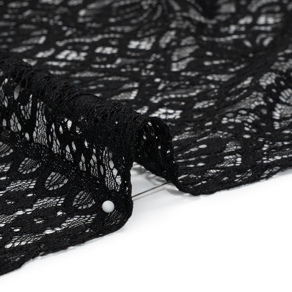 Corded Lace Panel with Scalloped and Fringed Finished Edges - Black Flower Medallions and Abstract Stripes - Detail