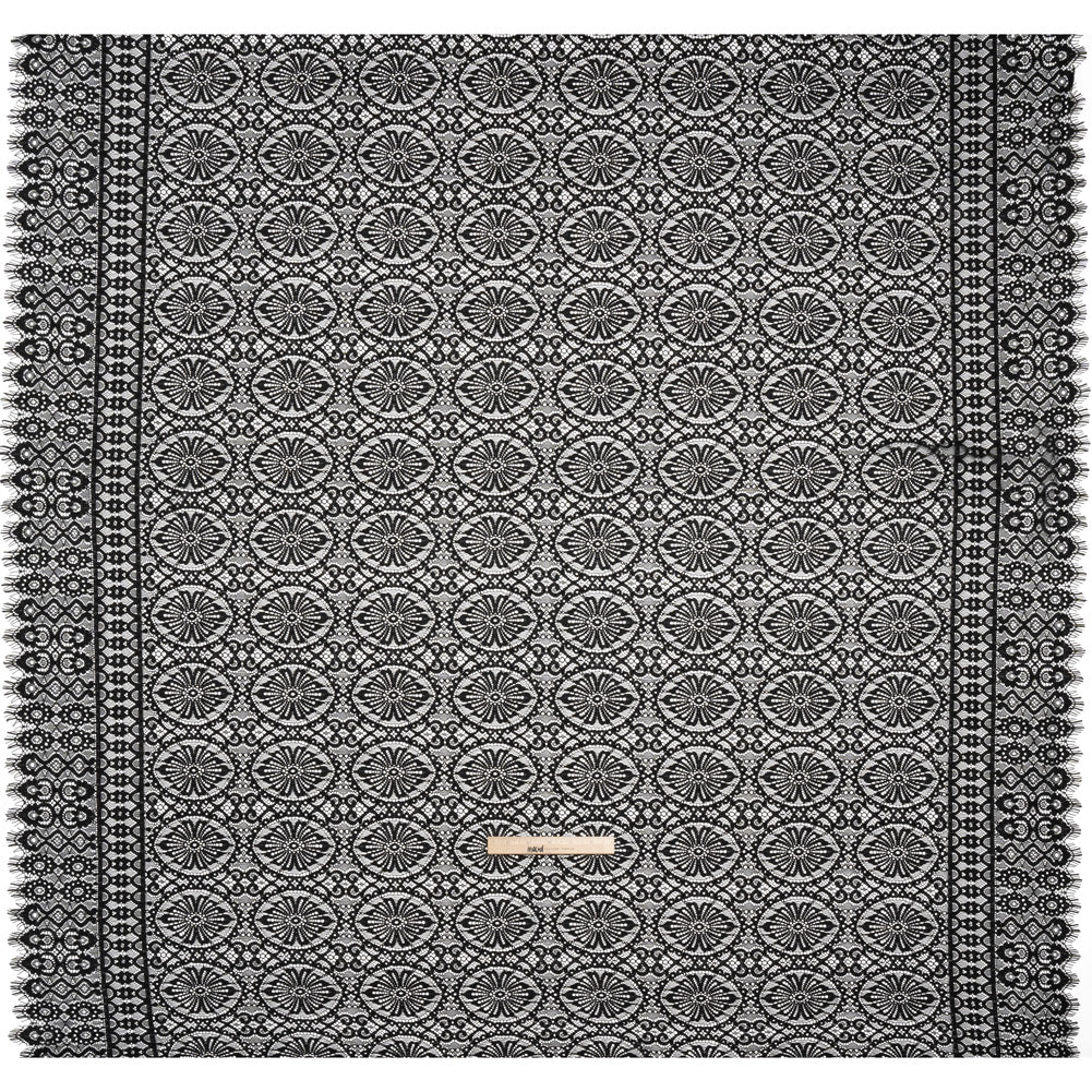 Corded Lace Panel with Scalloped and Fringed Finished Edges - Black Flower Medallions and Abstract Stripes - Full