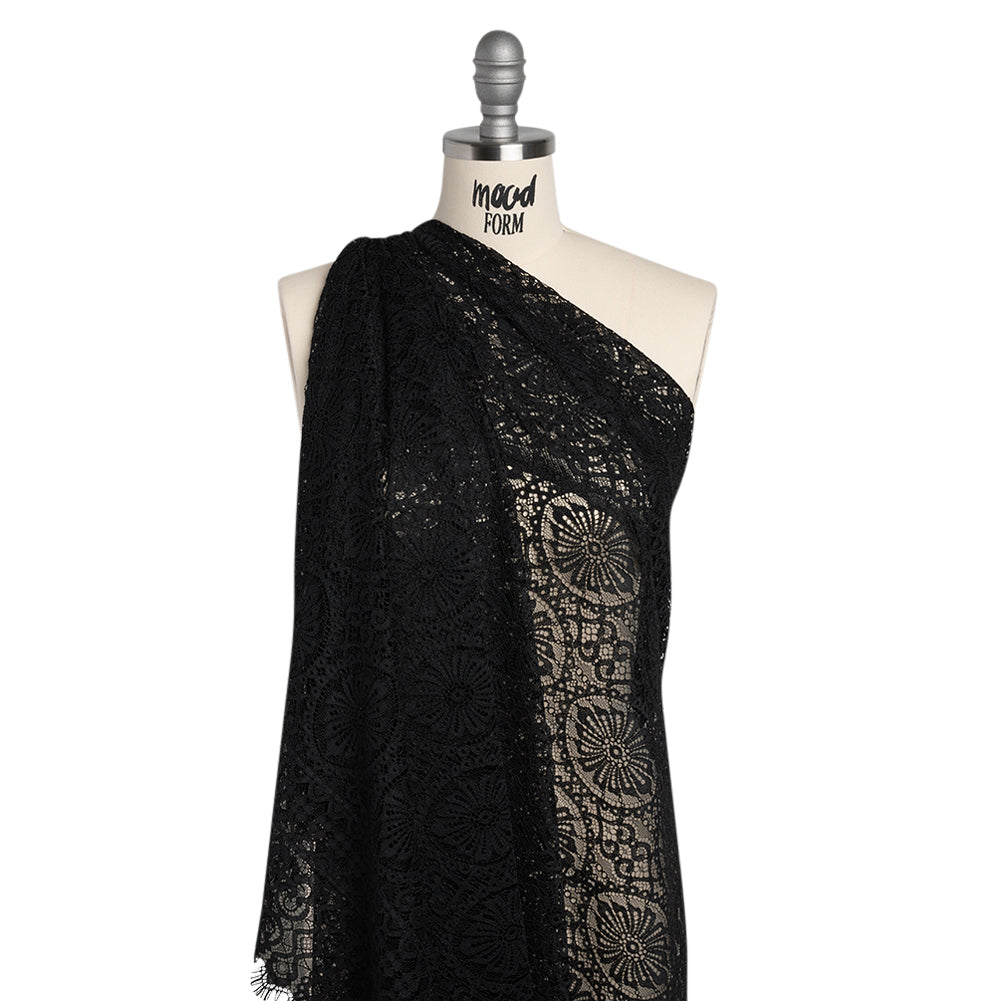 Corded Lace Panel with Scalloped and Fringed Finished Edges - Black Flower Medallions and Abstract Stripes - Drape