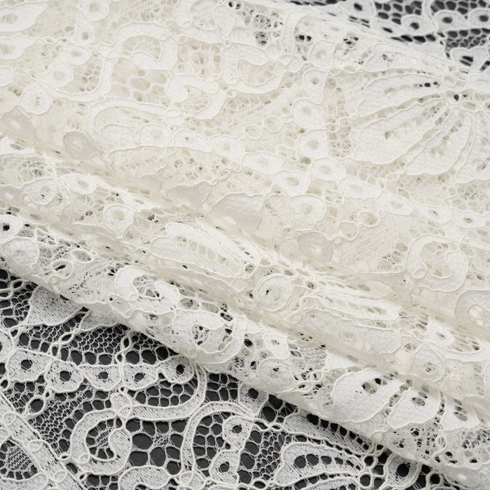 Corded Lace Panel with Scalloped and Fringed Finished Edges - Ivory Flower Medallions and Abstract Stripes - Folded