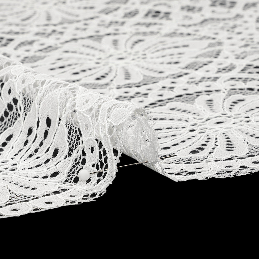 Corded Lace Panel with Scalloped and Fringed Finished Edges - Ivory Flower Medallions and Abstract Stripes - Detail