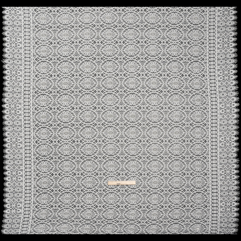 Corded Lace Panel with Scalloped and Fringed Finished Edges - Ivory Flower Medallions and Abstract Stripes - Full