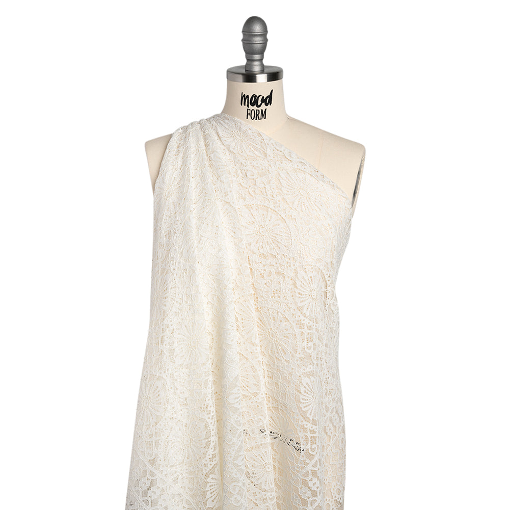 Corded Lace Panel with Scalloped and Fringed Finished Edges - Ivory Flower Medallions and Abstract Stripes - Drape