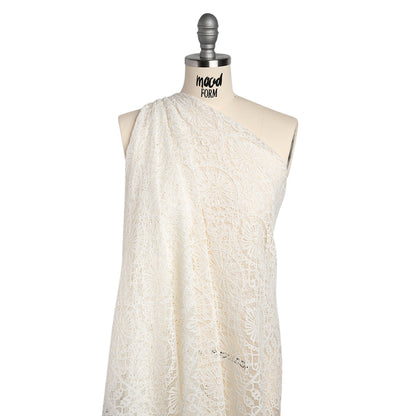 Corded Lace Panel with Scalloped and Fringed Finished Edges - Ivory Flower Medallions and Abstract Stripes