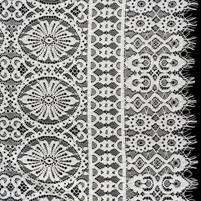 Corded Lace Panel with Scalloped and Fringed Finished Edges - Ivory Flower Medallions and Abstract Stripes